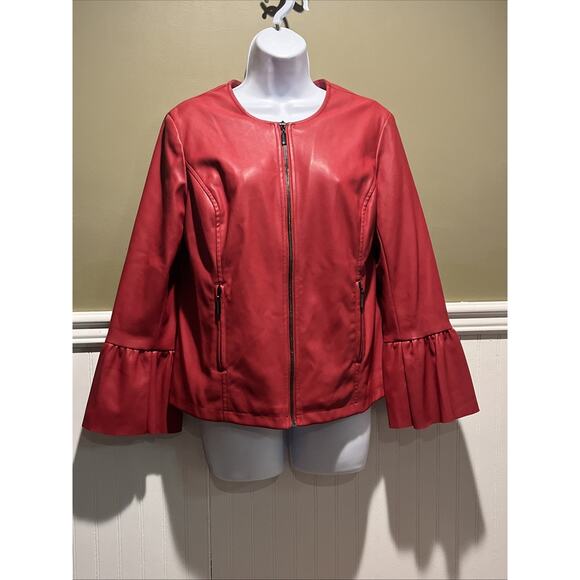 Alfani Women’s S Red Faux Leather Pleather Jacket Collarless Ruffle Sleeve - Picture 1 of 7